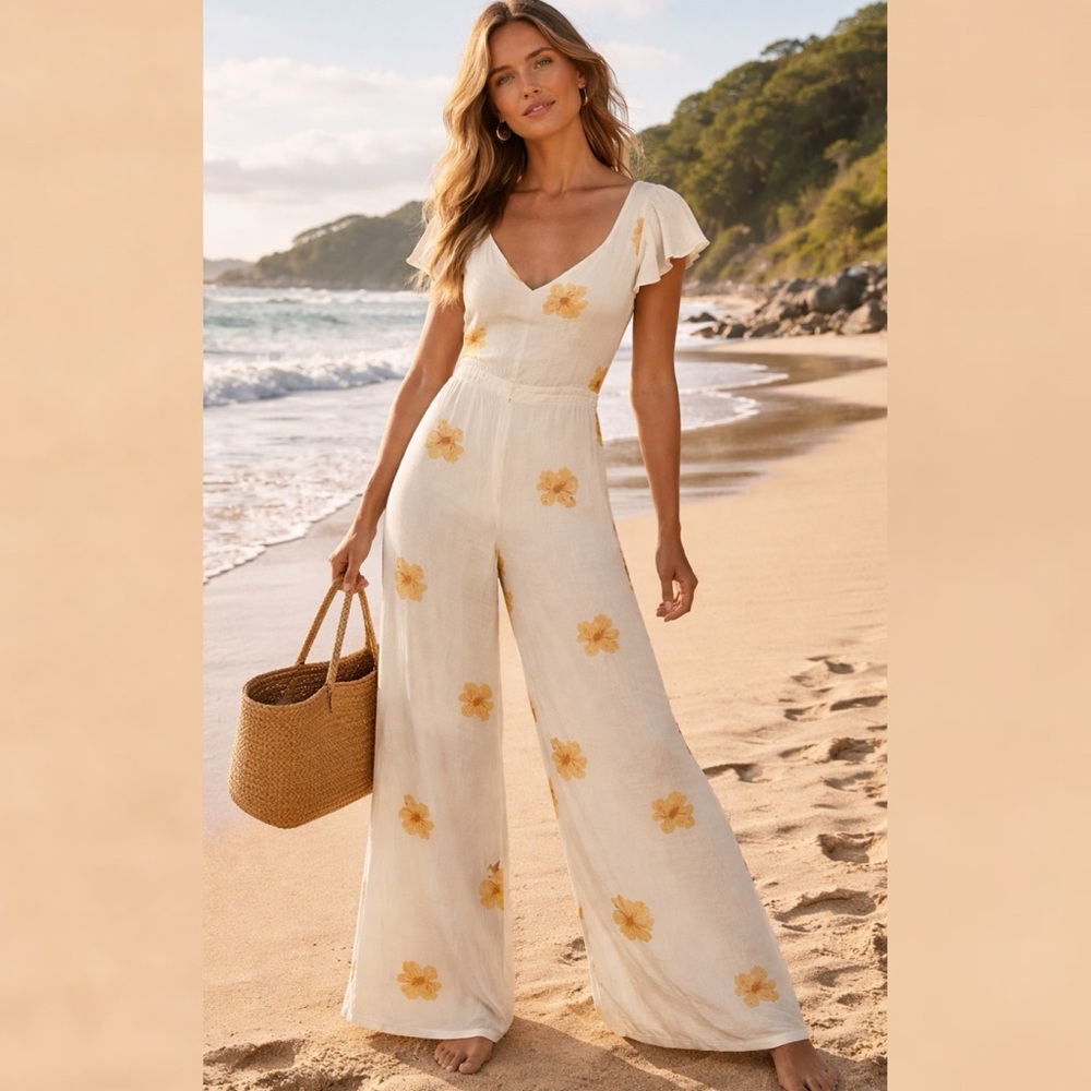Reformation Cozumel Jumpsuit Tangiers Yellow Floral Wide Leg Size 6 Open Back